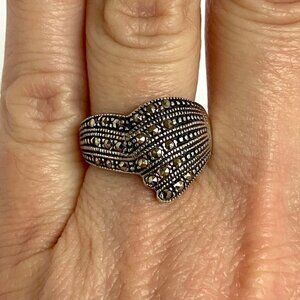 Sterling Silver 925 Art Deco Style Marcasite Asymmetric Wide Band Ring Sz 6.5